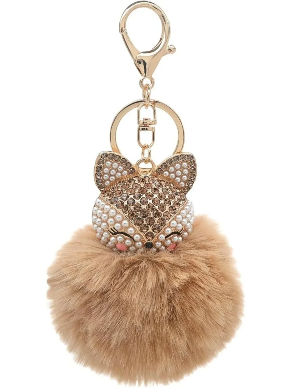 Women's Brown Head Keychain with Faux Fur Pom-Pom Bling Rhinestones Simulated